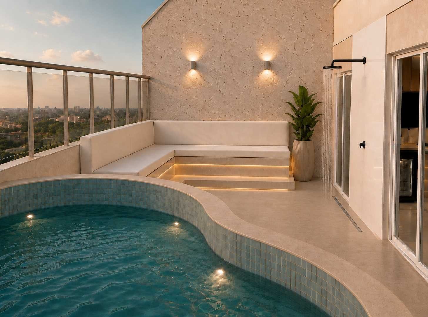 Área de lazer de cobertura com piscina e vista da cidade